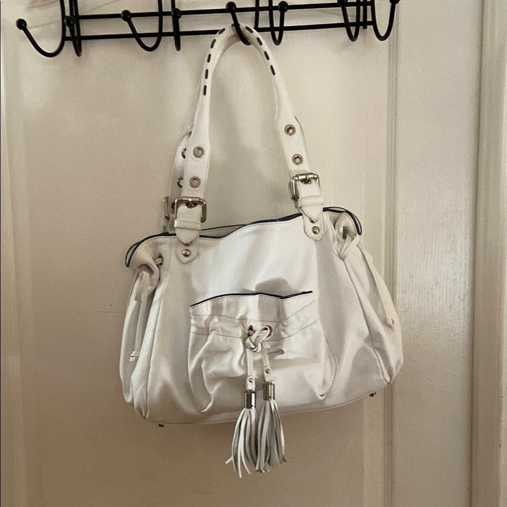 White Leather Satchel with Tassel and Stud Details